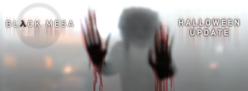 Логотип хэллоуинского обновления Black Mesa - вид из-за полупрозрачного стекла на зомби с окровавленными руками, касающегося этого стекла